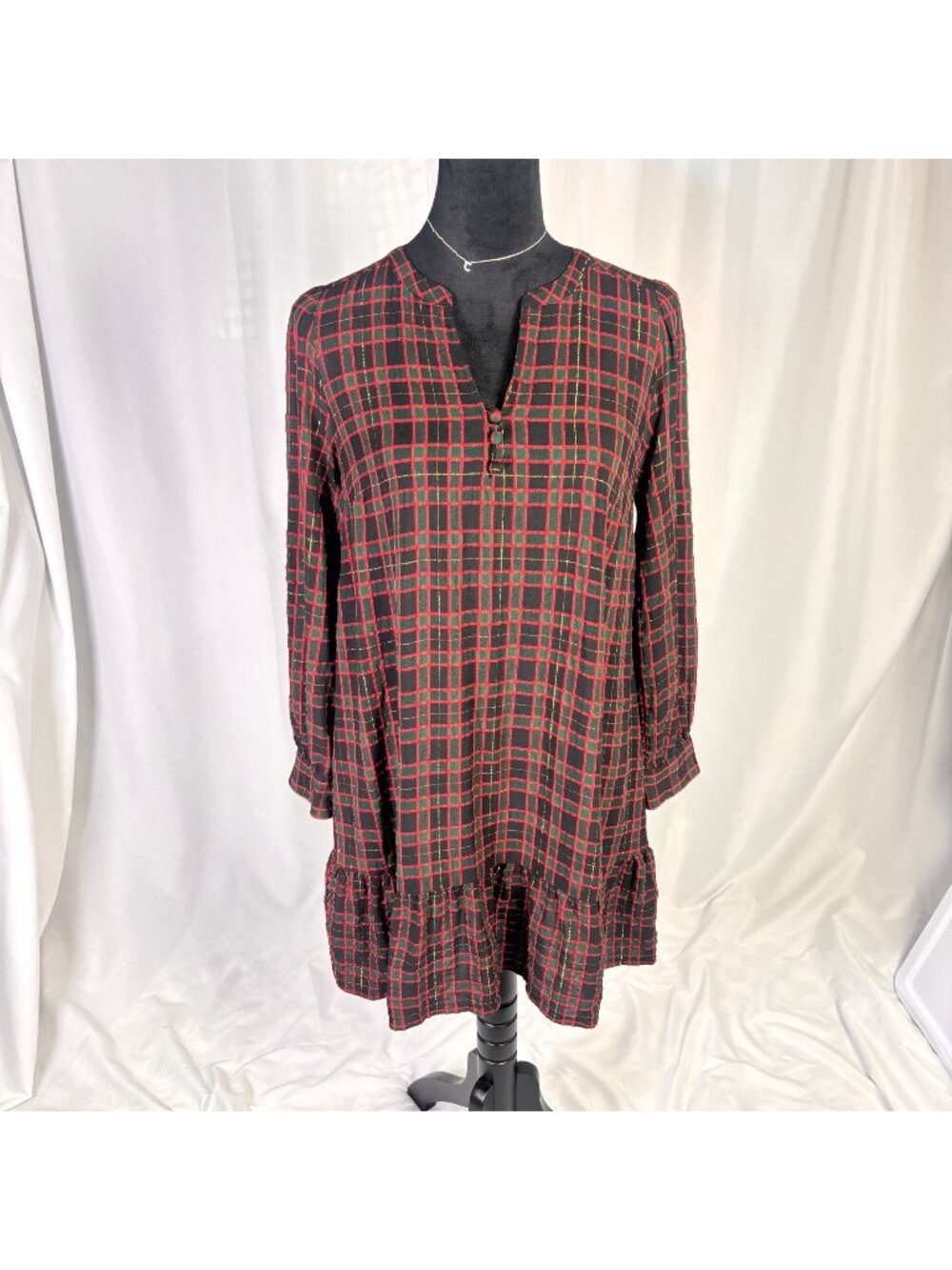 Plaid Long Sleeve Midi Dress By Loft - Red & Black Checkered Pattern - Size Smal